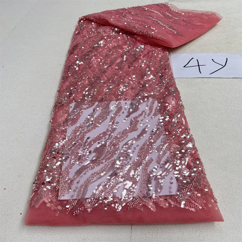 Color: Light Purple, Length: 5 yards, Width: 120cm - 2025 African Nigerian Tulle Lace Fabric Sequins Sewing Guipure Beads Stone Embroidery Dresses High Quality 4 Yards