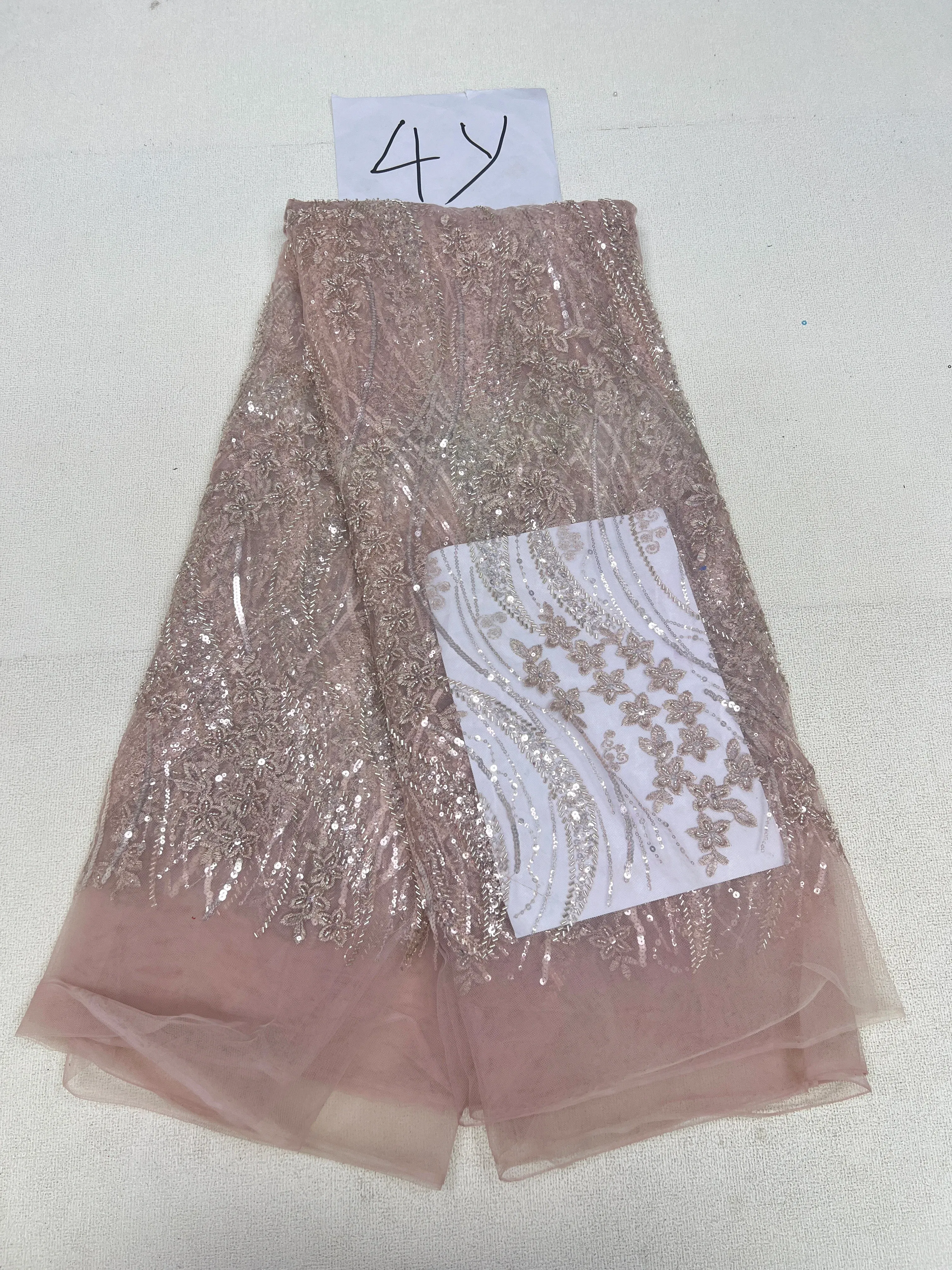 Color: Light Purple, Length: 5 yards, Width: 120cm - 2025 African Nigerian Tulle Lace Fabric Sequins Sewing Guipure Beads Stone Embroidery Dresses High Quality 4 Yards
