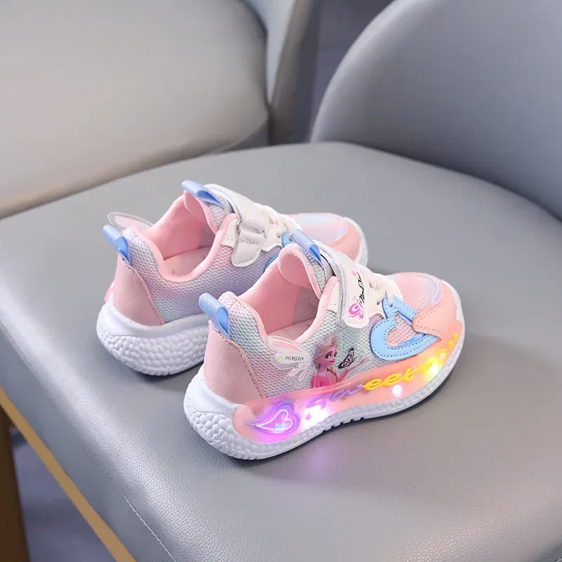 Color: Pink, Shoe Size: 15 - Disney Children Led Shoes Kids Girls Sneakers Frozen Elsa Princess Lighting Shoes Pink Purple Casual Sports Shoes Size 21-31