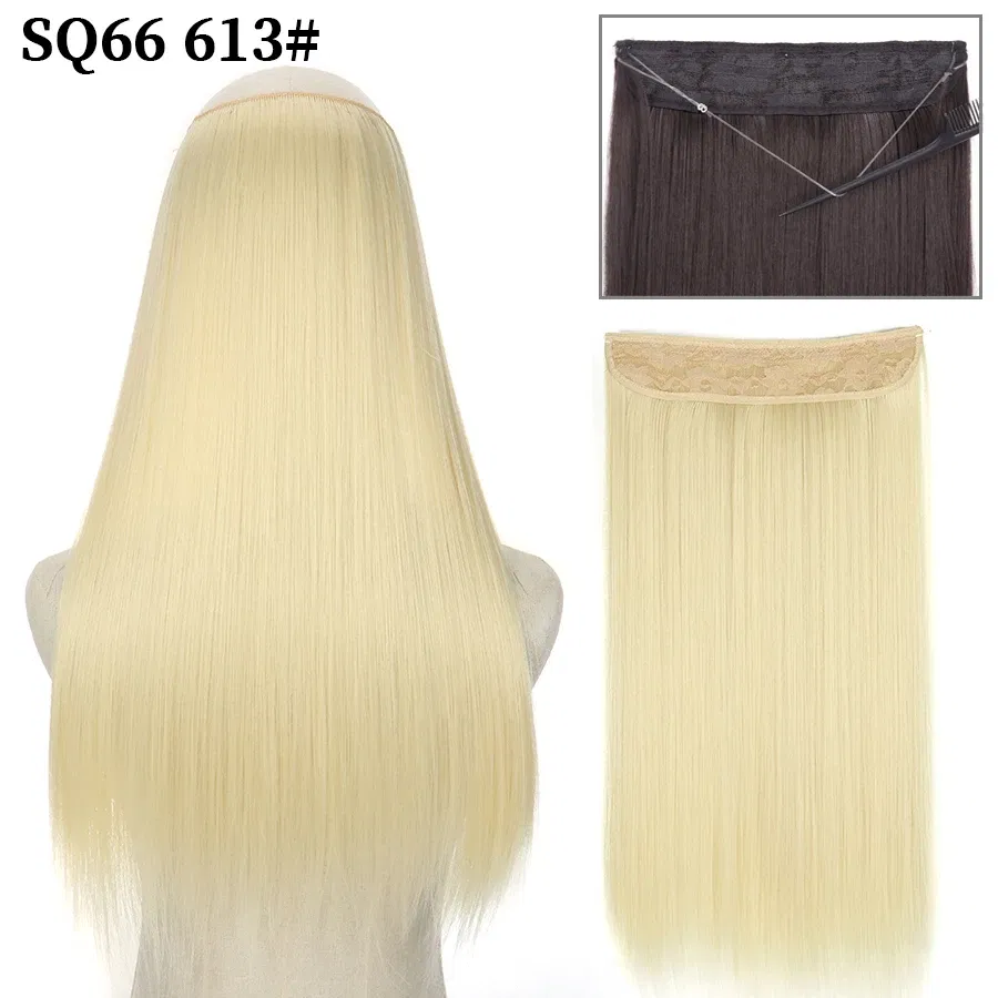 Color: #33, Stretched Length: 22inches, Ships From: CHINA - Synthetic Natural Wavy No Clip Fish Line Invisible Hair Extensions Mixed Color Blonde Black Artificial False Hair Piece ForWomen