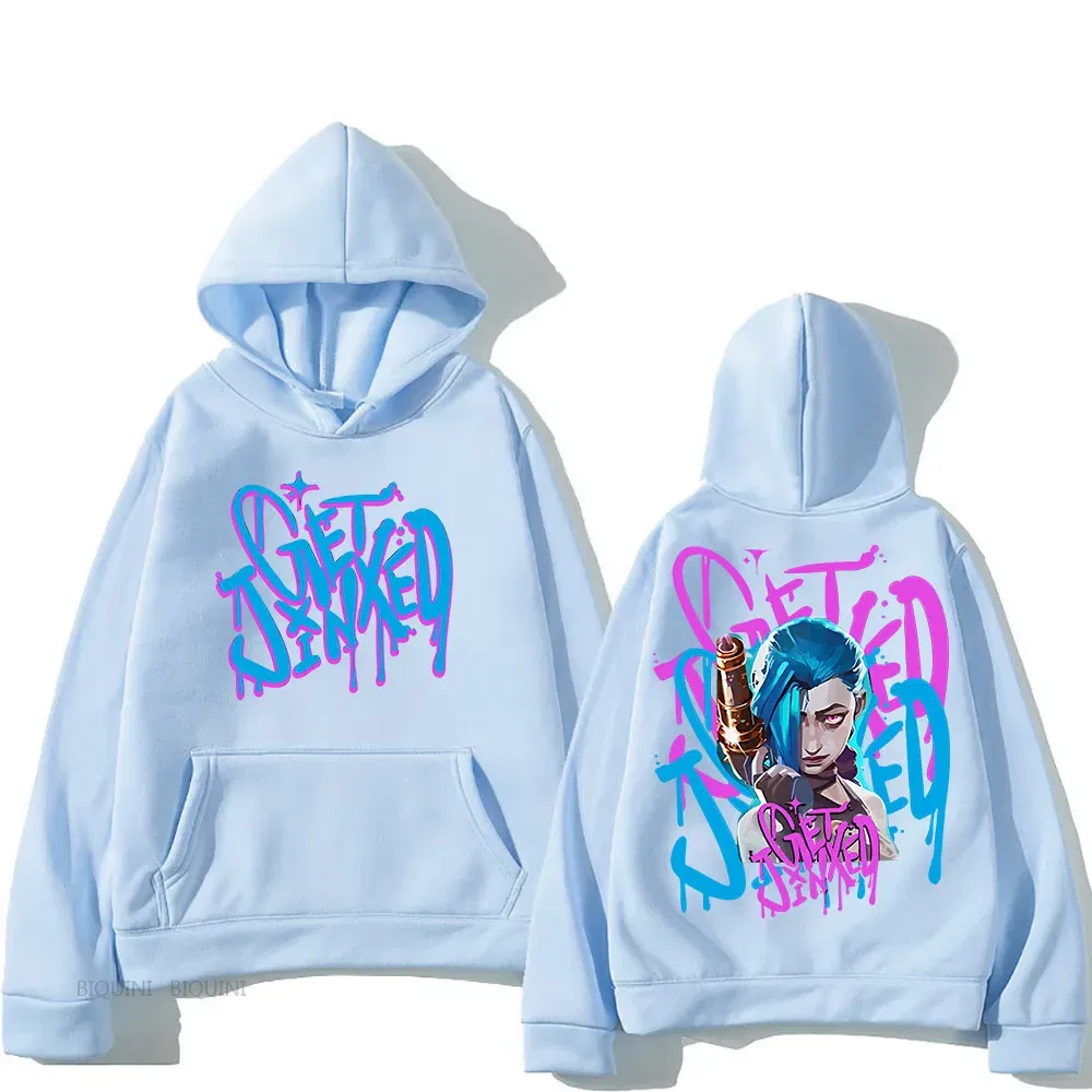 Color: Gold, Size: XS - Arcane Jinx Cute Hooded Anime Print Harajuku Kawaii Sweatshirt Long-sleeved Cartoon Fleece Clothes Moletom Fashion Pullovers