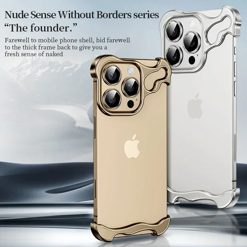 Color: Beige, Material: aluminum - Aluminum Metal Rimless Phone Case for iPhone 16 15 14 Plus 13 12 Pro Max Lens Protective Film Hollow Logo Cooling Accessory Case