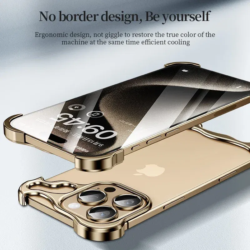 Color: Beige, Material: aluminum - Aluminum Metal Rimless Phone Case for iPhone 16 15 14 Plus 13 12 Pro Max Lens Protective Film Hollow Logo Cooling Accessory Case