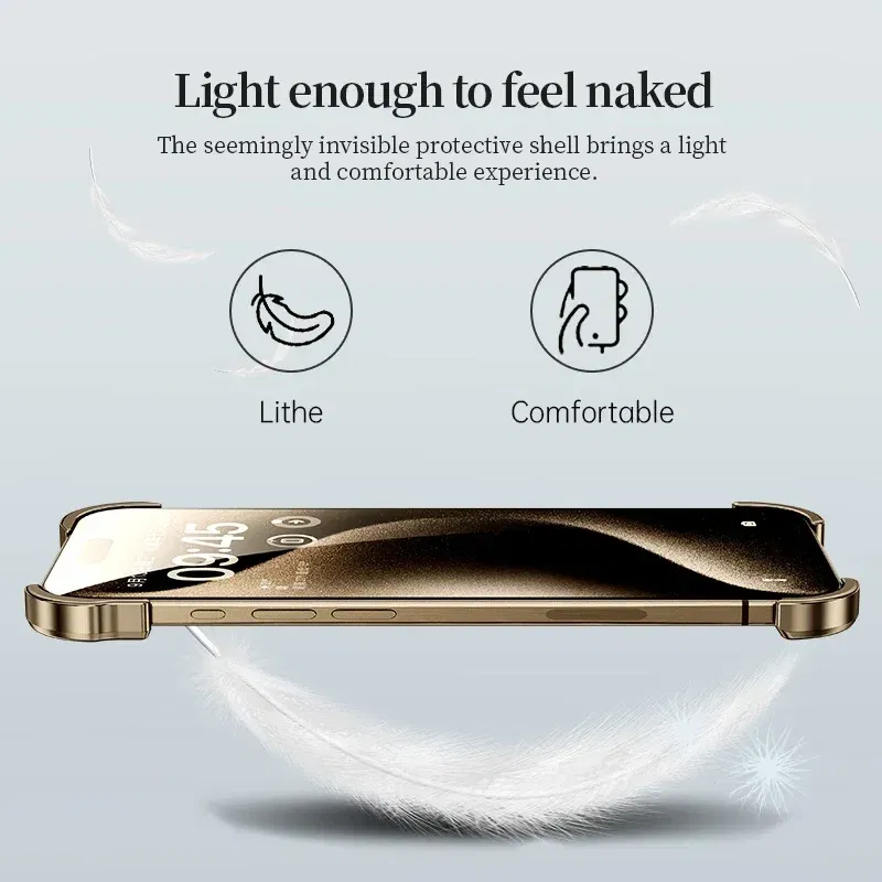 Color: Beige, Material: aluminum - Aluminum Metal Rimless Phone Case for iPhone 16 15 14 Plus 13 12 Pro Max Lens Protective Film Hollow Logo Cooling Accessory Case