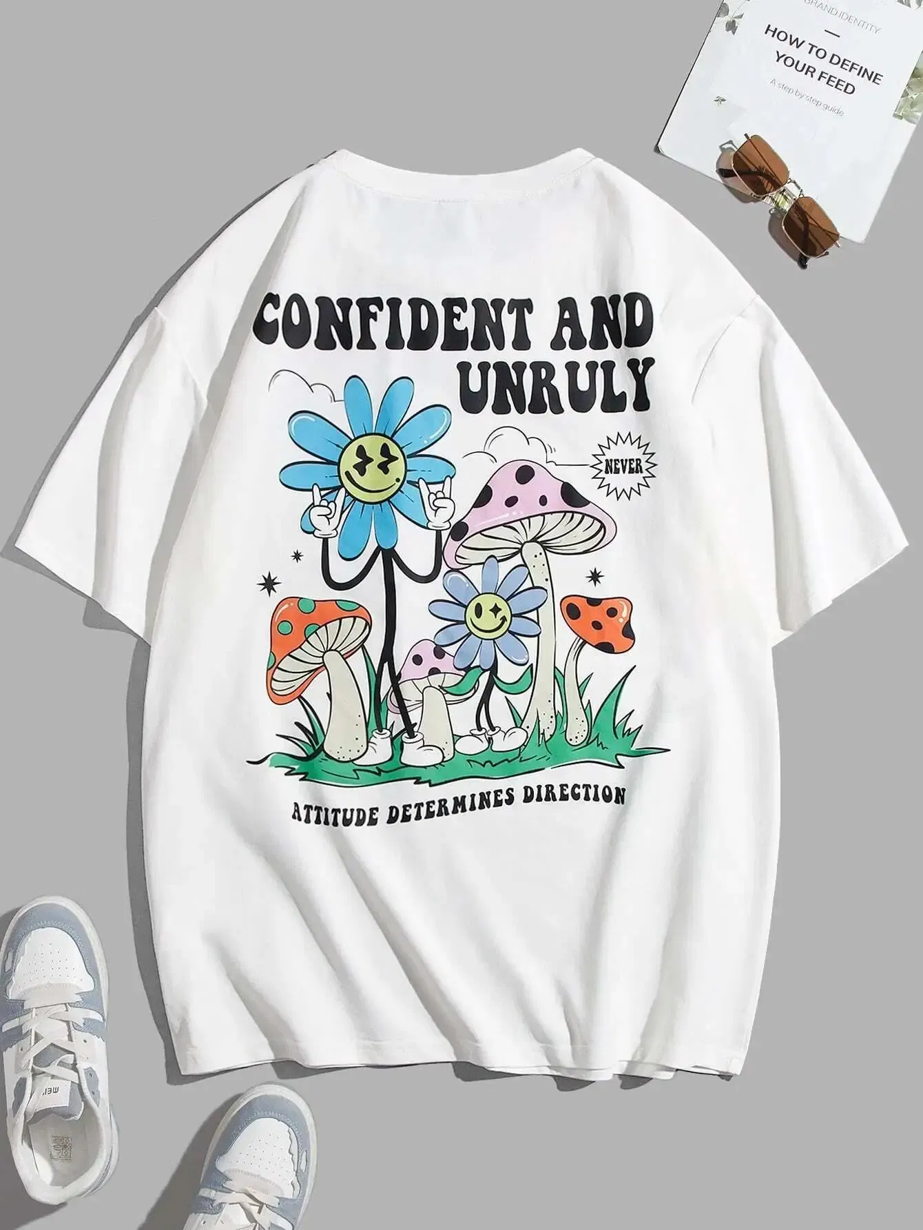 Color: Beige, Size: M - Confident And Unruly Attitude Determines Direction Men T Shirt Cotton Shirt Street Loose T-Shirts Summer Breathable Short Sleeve