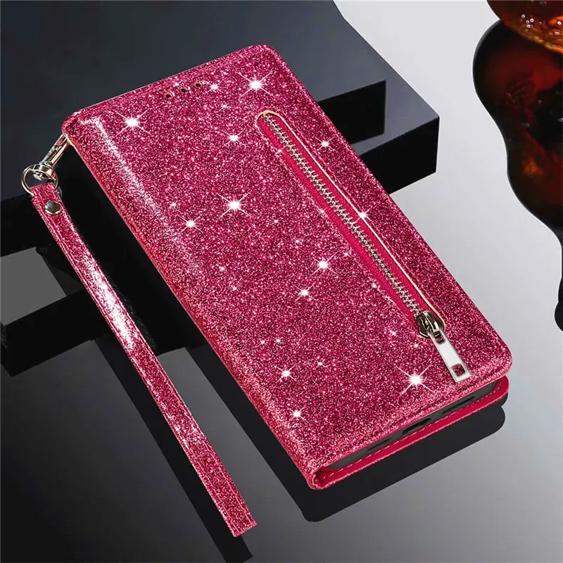 Color: Rose Red, Material: aluminum - Zipper Flip Wallet Glitter Leather Case for iPhone 16 15 14 13 12 11 Pro Max XS XR 8 7 Plus SE 2022 Mini Bling Stand Phone Cover