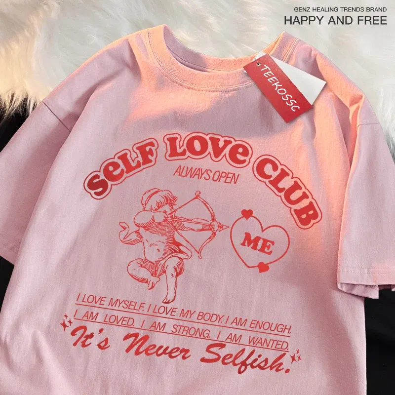 Color: black, Size: L - Self Love Club Fun Cupid Men Women T Shirts Breathable Street Tee Clothes Cotton Summer Fashion Loose Casual Oversized T Shirt