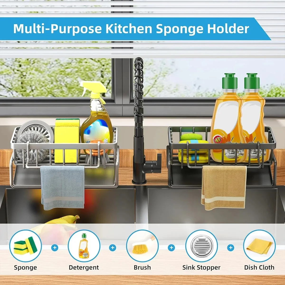 Color: Light Yellow - Kitchen Sink Drain Rack Organizer Sponge Storage Faucet Holder Soap Drainer Dishcloth Towel Rack Kitchen Sink Organizer
