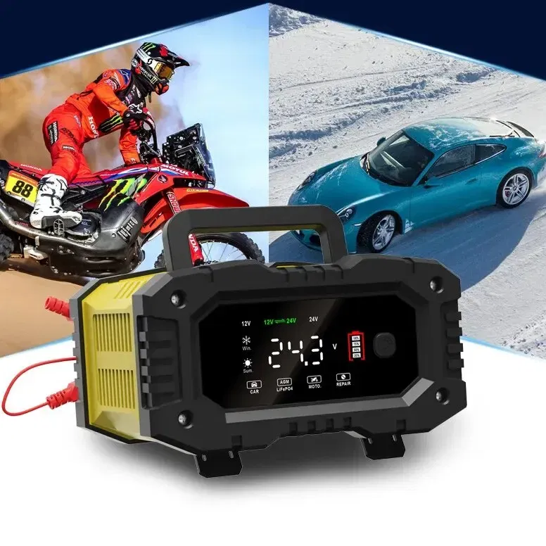 Color: Red - FOXSUR 20A/10A Car Motorcycle Battery Charger 12V/24V Smart Charger Lithium AGM GEL Lead-Acid LiFePO4 Battery Chargers