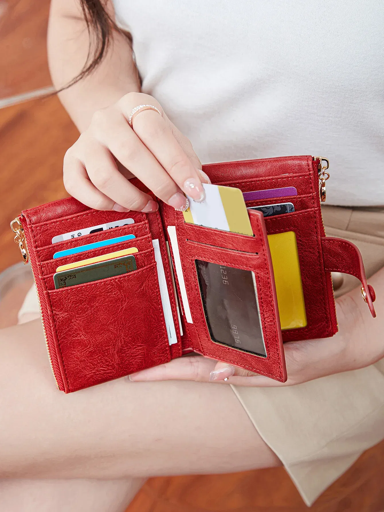 Color: green - Minimalist Women's Wallet Short Three Layer Large Capacity Double Zipper Card Holder ID Card Credit Bank Card Holder Money Bag