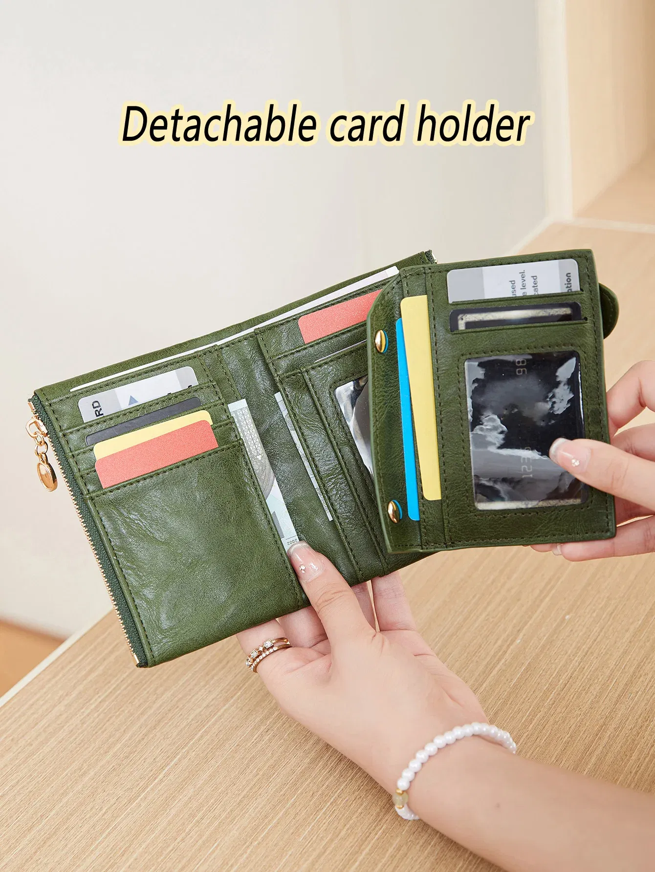 Color: green - Minimalist Women's Wallet Short Three Layer Large Capacity Double Zipper Card Holder ID Card Credit Bank Card Holder Money Bag