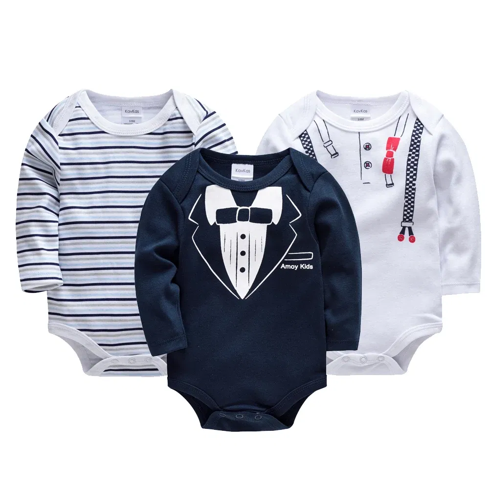 Color: Blue, Kid Size: 24M - Kavkas Baby Boys Girls Bodysuit 3 PCS Long Sleeve 100% Cotton Baby Clothes 0-12 Months Newborn Body Bebe Jumpsuit Clothing