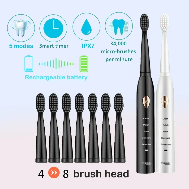 Color: black - Electric Toothbrush 5-gear Mode USB Charging 4 colors IPX7 Waterproof Ultrasonic Rechargeable Soft Hair Toothbrush Adult Classic