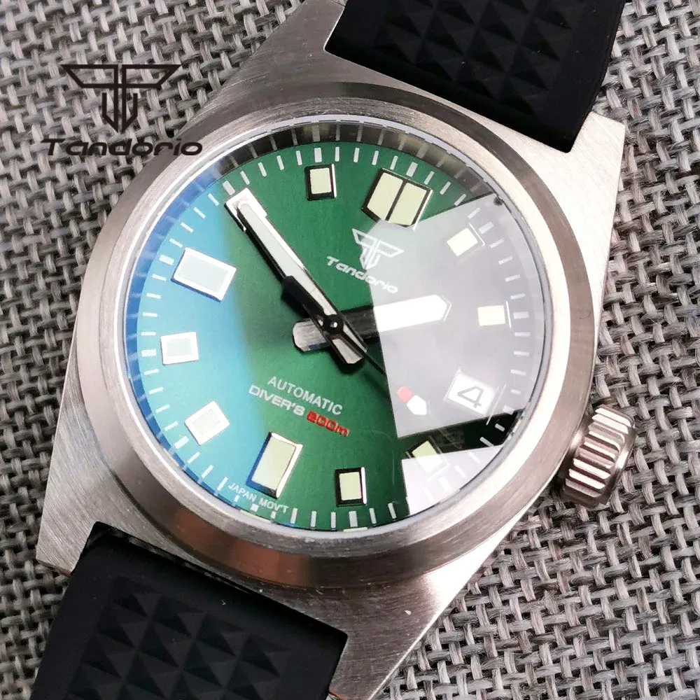 Color: WHITE - Tandorio Black/Blue/Green Sunburst Dial NH35A 38mm Automatic Men's Watch 200M Brushed Case AR Sapphire Crystal Rubber Strap
