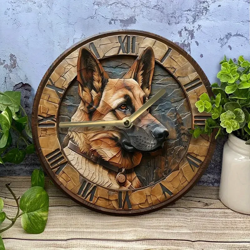 Silent 20.32x20.32cm Aluminum Wall Clock with German Shepherd Design