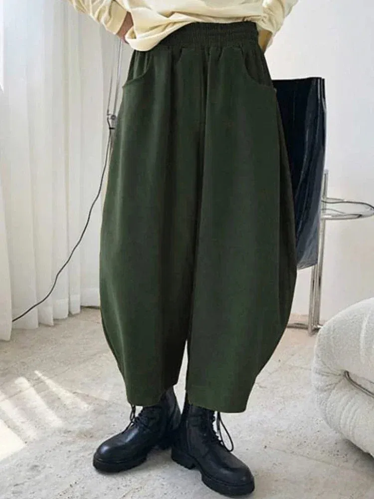 Color: green, Size: XL - 2023 Autumn Casual Harem Pants Women Cotton High Waisted Trousers Retro Loose Bloomers Women's Oversize Pants Baggy Sweatpants