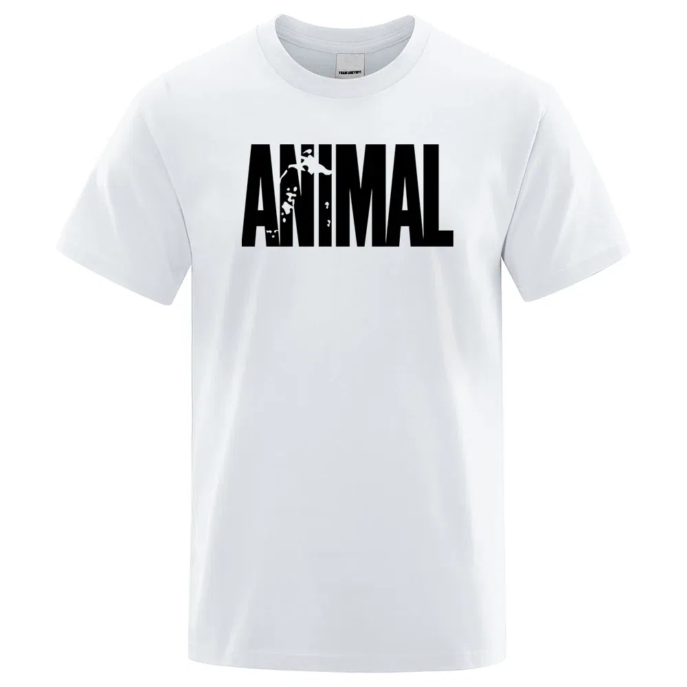 Color: Beige, Size: M - Fashion ANIMAL Letter Print Men T-Shirts Street Funny Short Sleeves Loose Oversized T Shirt O-Neck Breathable Cotton Clothing