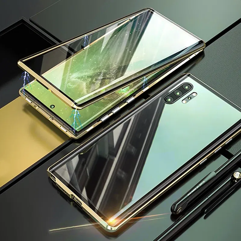 Color: Gold, Material: PVC - Full Wrap Metal Bezel Case For Samsung Galaxy S23 S22 Ultra S21 S20 FE S24 Note 10 20 Lite Plus Double-Sided Glass Back Cover