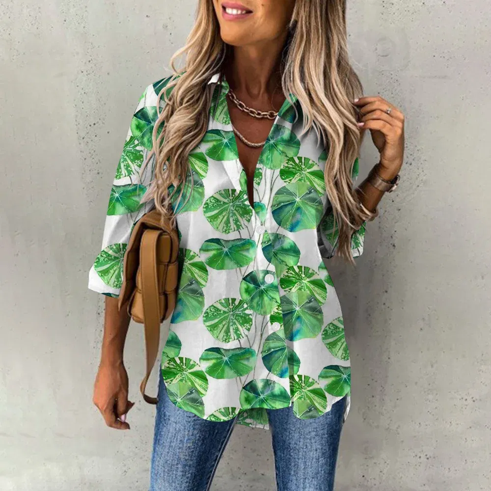 Color: PURPLE, Size: M - Ladies Long Sleeved Shirt Vacation Style Coconut Tree 3D Digital Printed Button Up Collar Loose Casual Ladies Blouse 2024 Autumn