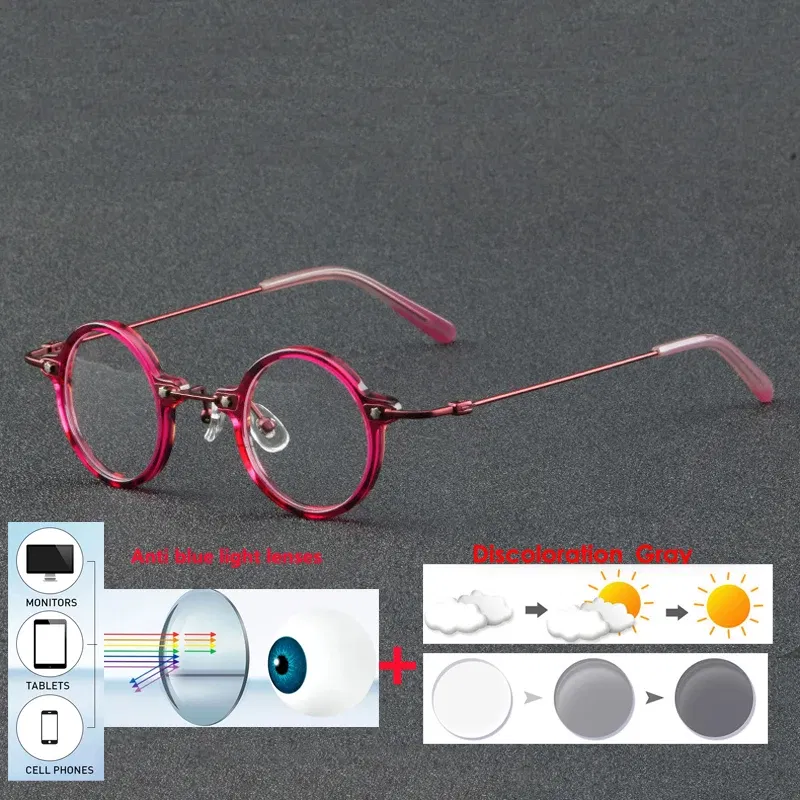 Frame Color: Red, Eye Prescription: +225 - VCKA Anti-blue Discolor Acetate+Titanium Myopia Glasses Frames Small Round Men Prescription Optical Women Eyewear -0.50 to -10.0