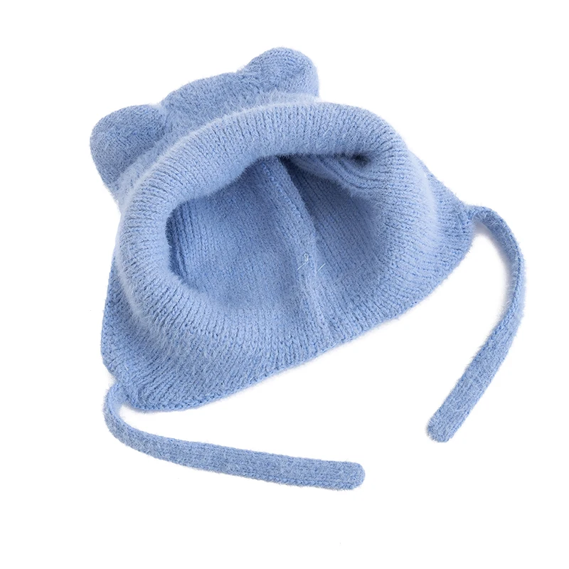 Color: Navy Blue, Size: One Size - New Women Cute Cat Ear Earflap Winter Hat Fashion Windproof Knitted Hat Kpop Style Soft Beanie Hats Candy Colors Streetwear Cap