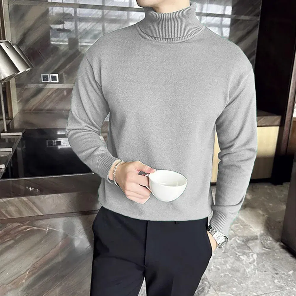 Color: GRAY, Size: XL - Korean Fashion Autumn Winter Sweaters Men Pullovers Fleece Turtleneck Knitted Sweatshirt Warm Bottoming Shirts