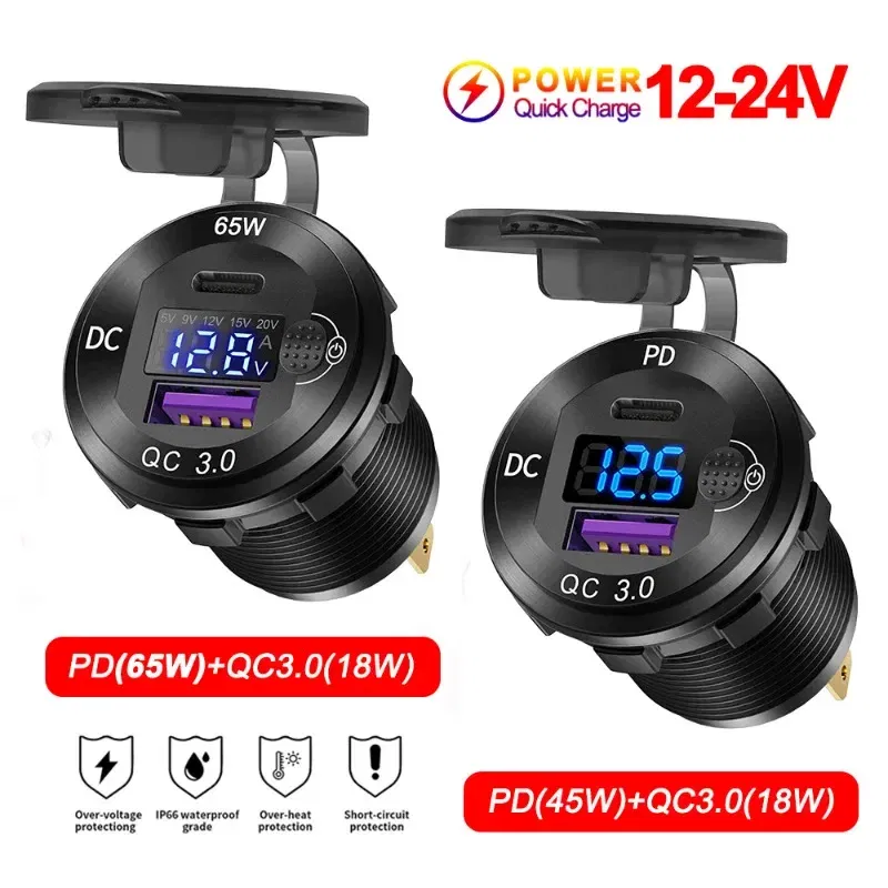 Color Name: Red - 83W USB C Car Charger Socket 12/24V Outlet Laptop Fast Charging 65W PD3.0 & QC3.0 with Digital Display for Car RV ATV Motorcycle