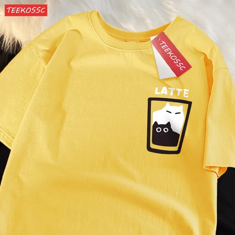 Color: Lavender, Size: XL - Mocha Latte Couple Outfit Cat Coffee Couple Male T-Shirts Graphic Cool Tee Shirt High-Quality Oversized Tshirt Comfort Soft