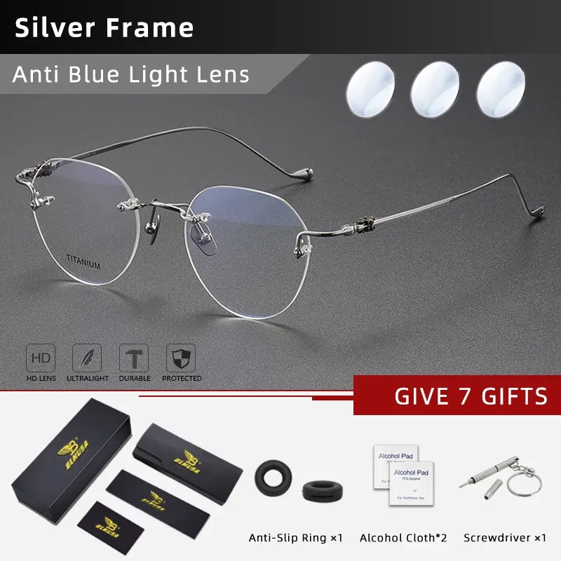 Frame Color: Blue, Eye Prescription: +400 - BLMUSA Pure Titanium Rimless Anti-blue Light Reading Glasses for Men Round Photochromic Optical Prescription with MR-8 lens