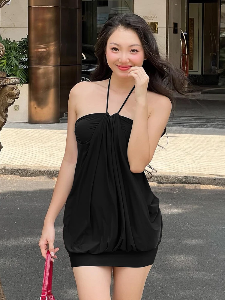 Color: black, Size: L - Dulzura Sexy Mini Halter Ruched Backless Short Dress Solid Sleeveless Women Dresses Summer Lady Party Birthday Club Clothes Y2K