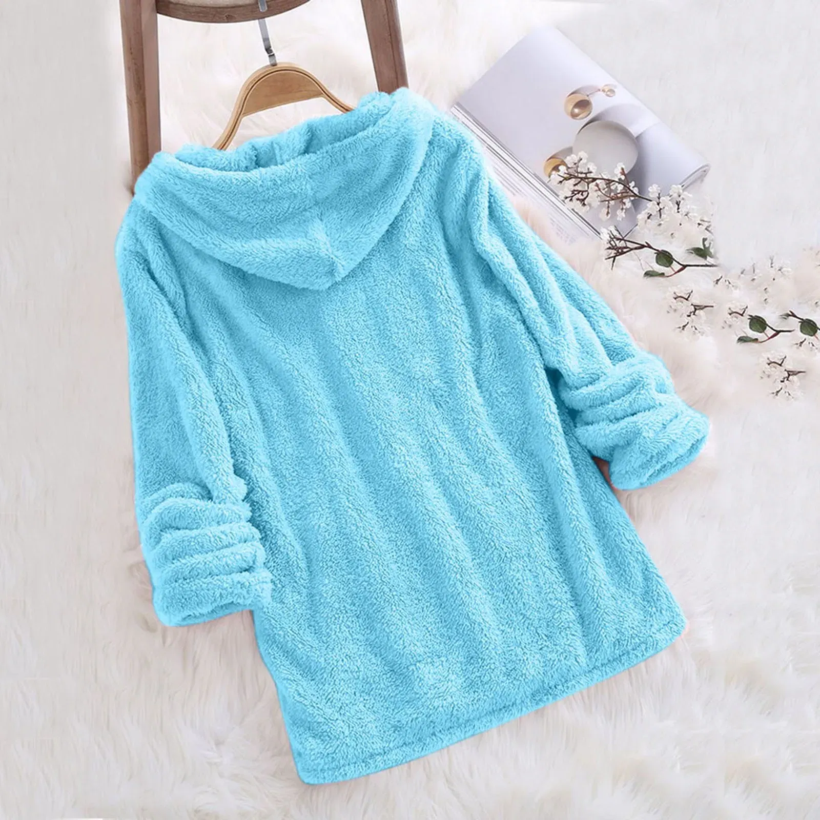 Color: WHITE, Size: XL, Ships From: CN - Women's Winter Casual Solid Color Plush Hooded Long Sleeve Pullover Thick Warm Fluffy Sweatshirts Blouse Oversized Loose Tops