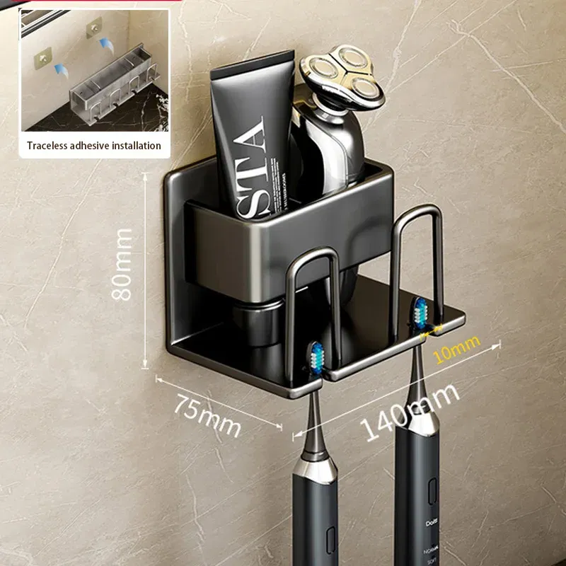 Color: light yellow - Toothbrush Holder Wall Mounted Toothpaste Dispenser Aluminium Electric Hair Brushes Storage Bathroom Accessories House Organizer