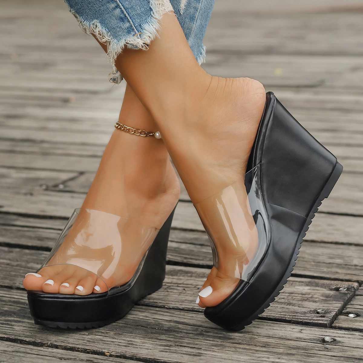 Color: WHITE, Shoe Size: 40 - 2024 Women Sandals New Casual Heels Woman Transparent Platform Wedges Non-slip Shoes Ladies Summer High Heel Large Size 35~43