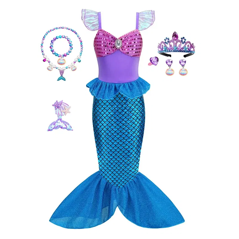 Color: SKY BLUE, Kid Size: 12 - Disney Little Mermaid Ariel Costumes for Girls Princess Dress Cosplay Halloween Carnival Kids Birthday Party Dress Up Clothing