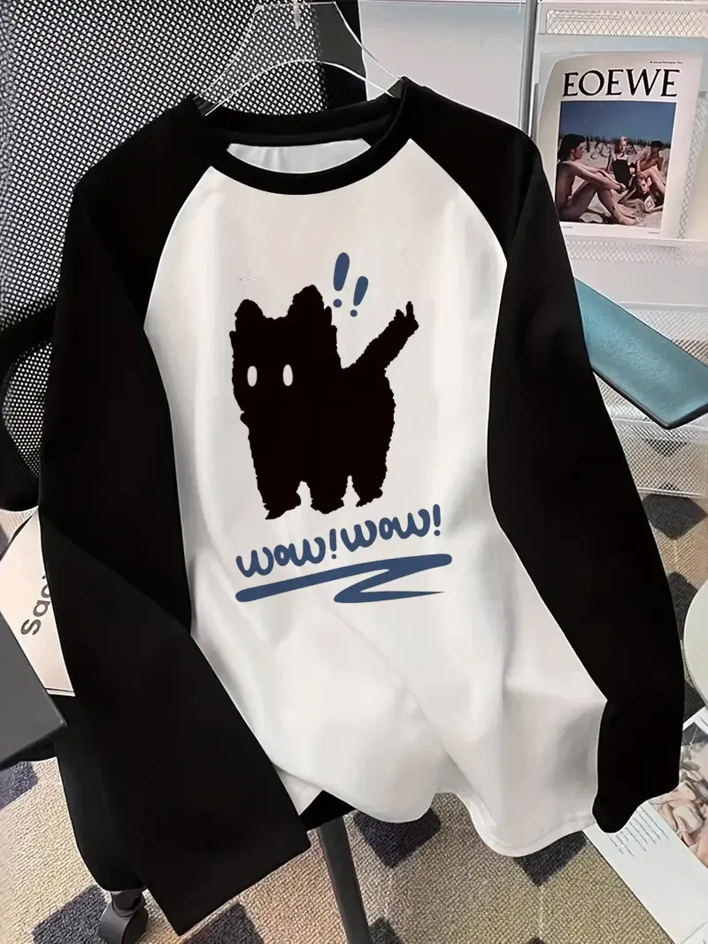 Color: WHITE, Size: XXL - Winter Autumn Long Sleeved Black Cat Design Shirt Funny T Shirt Women's Casual Long Sleeve T-Shirt Crew Neck Top Tee Tshirt