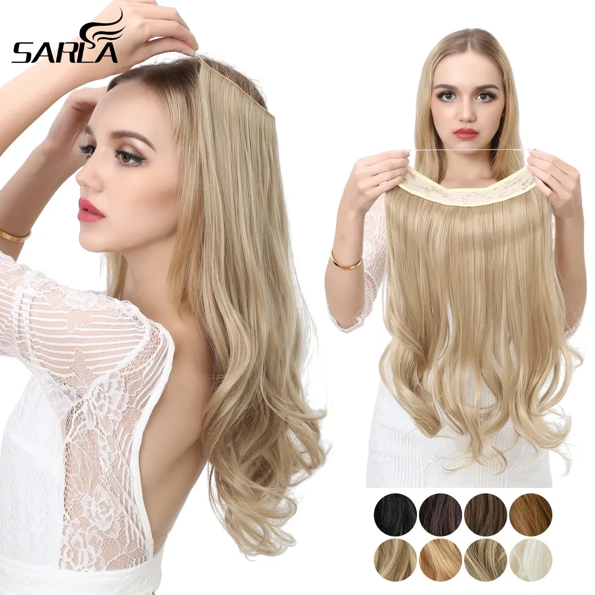 Color: T1/35, Stretched Length: 18inches - Synthetic No Clip Wave Hair Extensions Ombre Natural Black Blonde Pink One Piece False Hairpiece Fish Line Fake Hair Piece