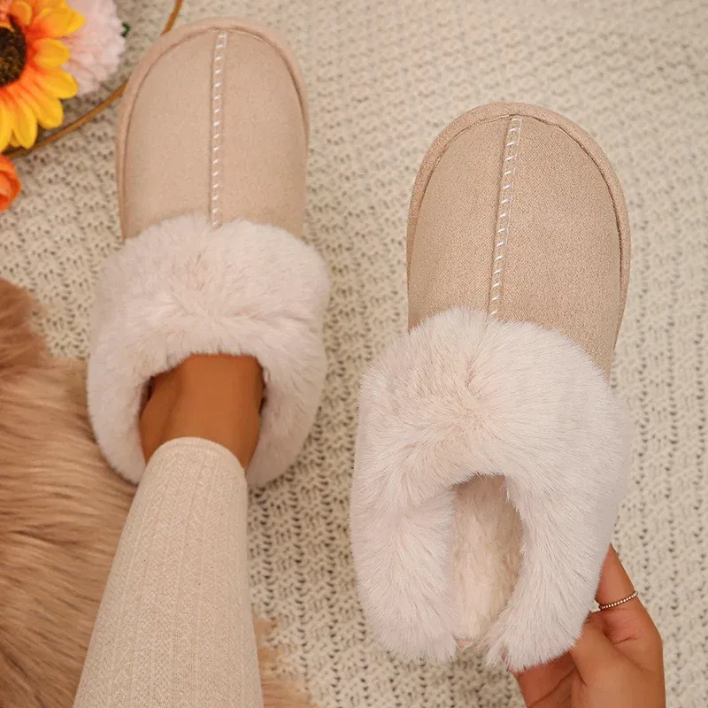 Color: Beige, Shoe Size: 42 - Closed Toe Warm Cotton Slippers Women Faux Fur Thicken Plush Winter Home Shoes Woman Lightweight Casual Indoor Slides Female