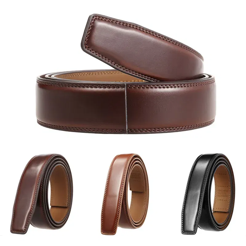 Color: Blue, Belt Length: 130cm - 90-130cm Brand No Buckle 3.0cm Wide Genuine Leather Automatic Belt Body Strap Without Buckle Belts Men Good Quality No Holes