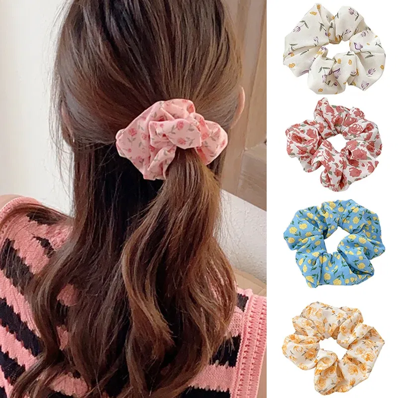 Color: Green - Gentle Sweet Women Floral Hair Ties Scrunchies Tulip Rose Flower Hair Rope Summer Ponytail Holder Rubber Band Hair Accessories
