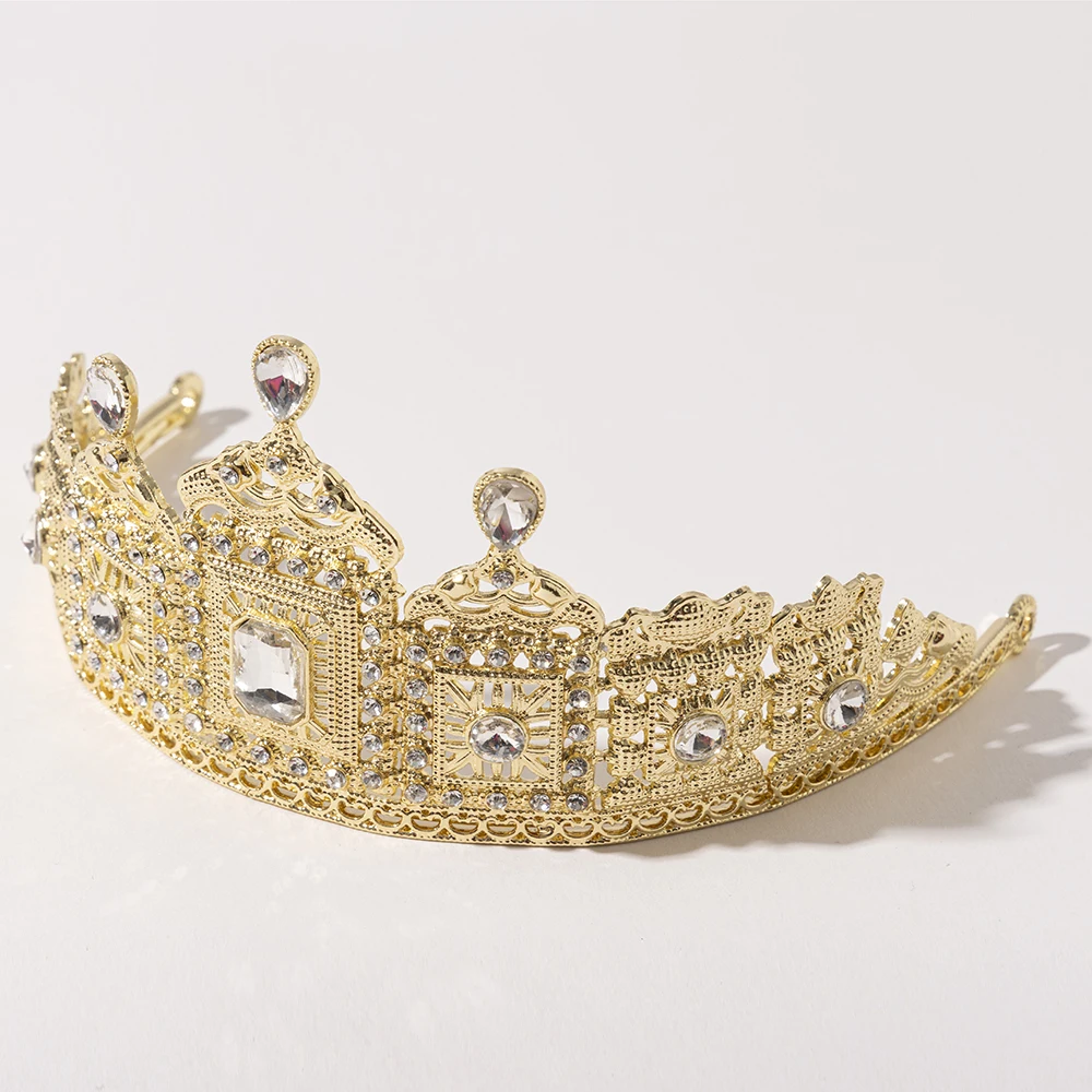 Metal color: Antique Gold Plated - LUIZADA European Princess Queen Round Headdress Moroccan Bride Crystal Crown King Bride Headdress Wedding Hair Accessories