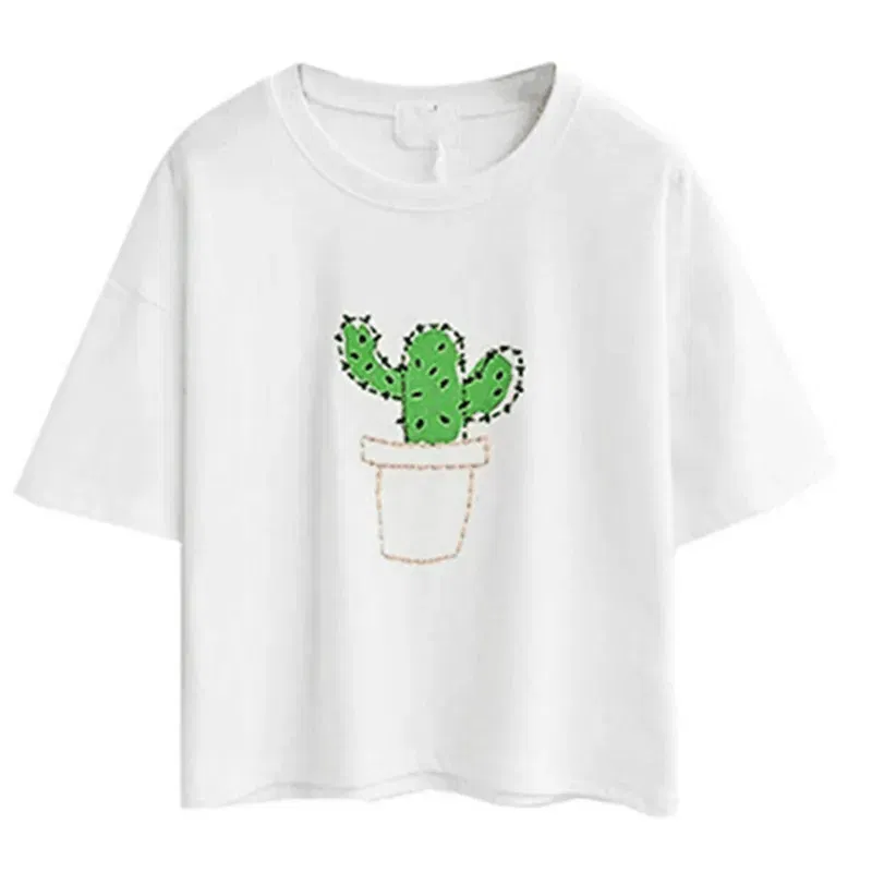 Color: Pink, Size: M, Ships From: CHINA - 2021 Summer Cotton Short Sleeved Crop Top T-shirt Femme Embroidered Cat T Shirts Cartoon Women Fashion Cactus Top Tee T Shirt