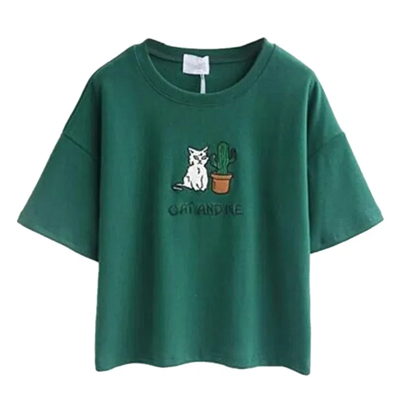 Color: Pink, Size: M, Ships From: CHINA - 2021 Summer Cotton Short Sleeved Crop Top T-shirt Femme Embroidered Cat T Shirts Cartoon Women Fashion Cactus Top Tee T Shirt