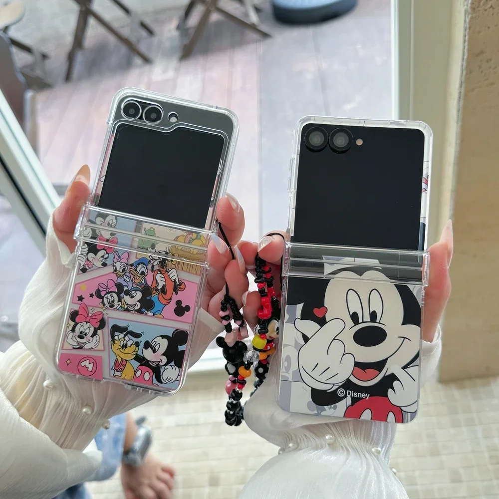 Material: ABS, Color: Brown - Cute Cartoon Disney Mickey Minnie Mouse Phone Case For Samsung Galaxy Z Flip 7 6 5 4 3 Stand Holder Case Hard Cover With Lanyard