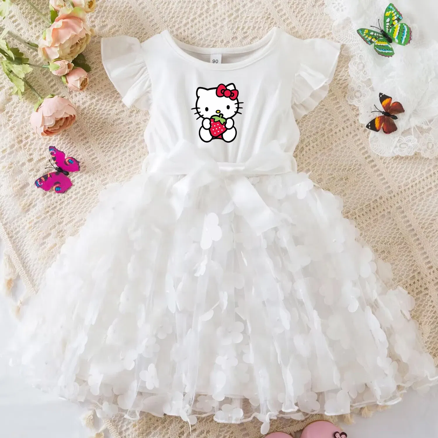 Color: WHITE, Size: XL - Hello Kitty Summer Dress for Kid's Casual Clothes 3D Butterfly Cute Baby Girls Princess Dress Party Dresses 2-6 Yrs