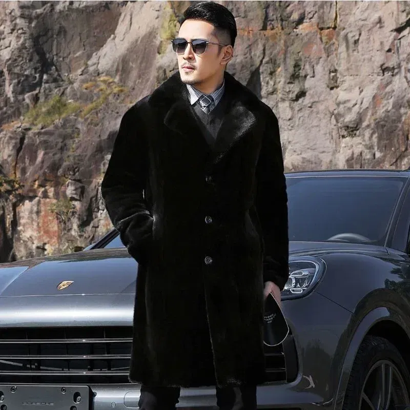 Color: Beige, Size: M - Parker Men's Imitation Fur Liner Winter Warm New Fur One-piece Coat Imitation Mink Fleece Mid-length Fur Coat