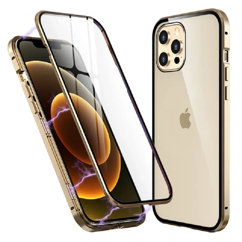 Color: Silver, Material: nylon - Magnetic Metal Case For iPhone 15 14 13 12 11 Pro 14Pro Max XS X XR 7 8 14Plus 12 Mini SE 2020 Double Sided Tempered Glass Cover
