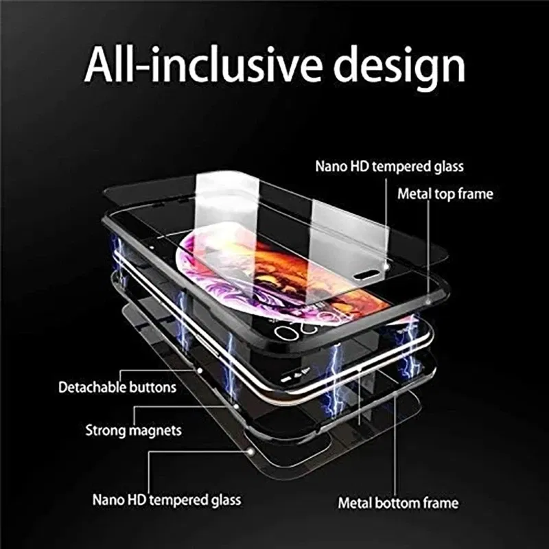 Color: Silver, Material: nylon - Magnetic Metal Case For iPhone 15 14 13 12 11 Pro 14Pro Max XS X XR 7 8 14Plus 12 Mini SE 2020 Double Sided Tempered Glass Cover