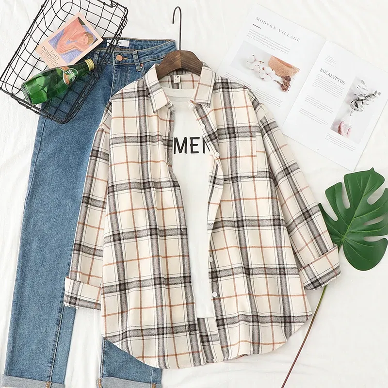 Color: Red, Size: XL - Fresh Flannel Plaid Shirt Women 2025 New Female Blouses and Tops Cotton Loose Long Sleeve Casual Shirts Fine Women's Clothes