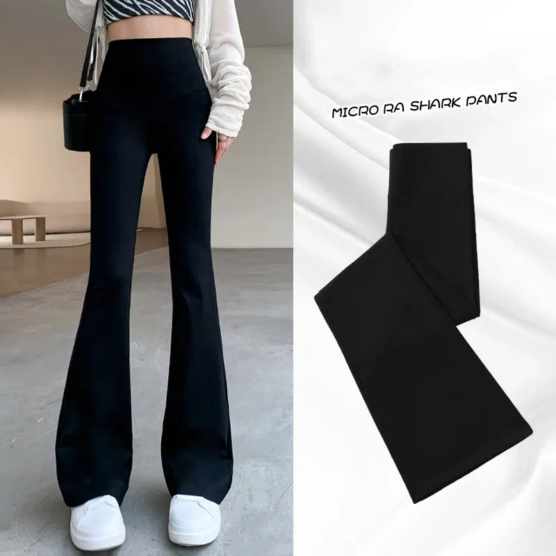 Color: Gold, Size: M - Women Flare Pants Slim High Waist Solid Sexy Shark Flare Pants Fashion Casual Streetwear Elastic Butt Lift Skinny Leggings