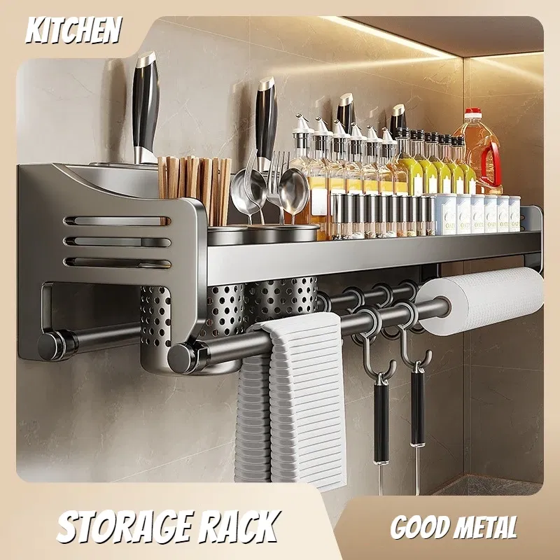 Color: Dark Khaki, Ships From: CHINA - Kitchen Storage Rack Non Perforated Stainless Steel Household Wall Mounted Seasoning Chopstick and Knife Holder Storage Rack